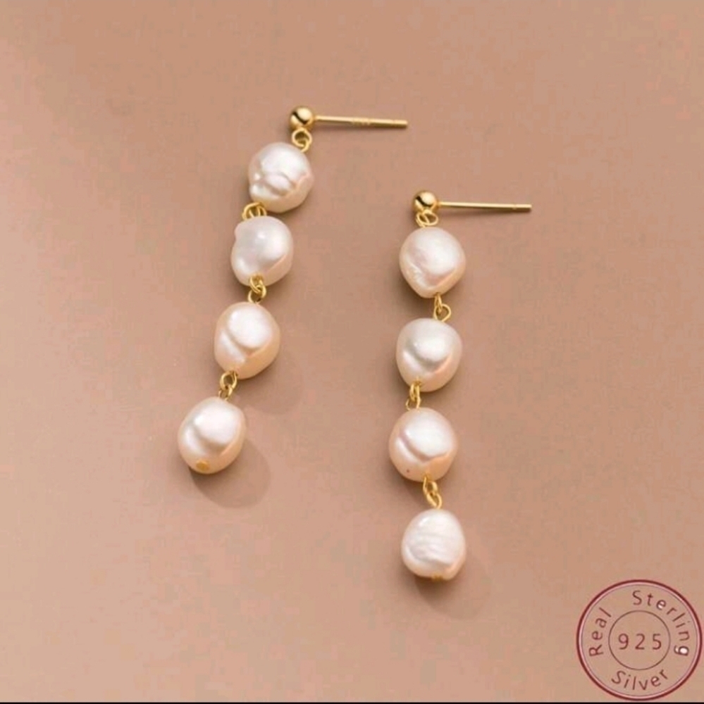 NWT Authentic Freshwater Pearl & 925 Sterling Gold Plated Dangle Earrings